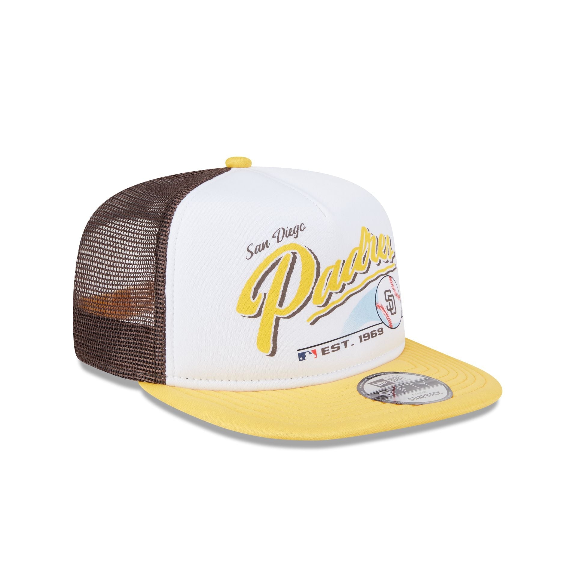 San Diego Padres Retro Script 9FIFTY A-Frame Trucker Hat